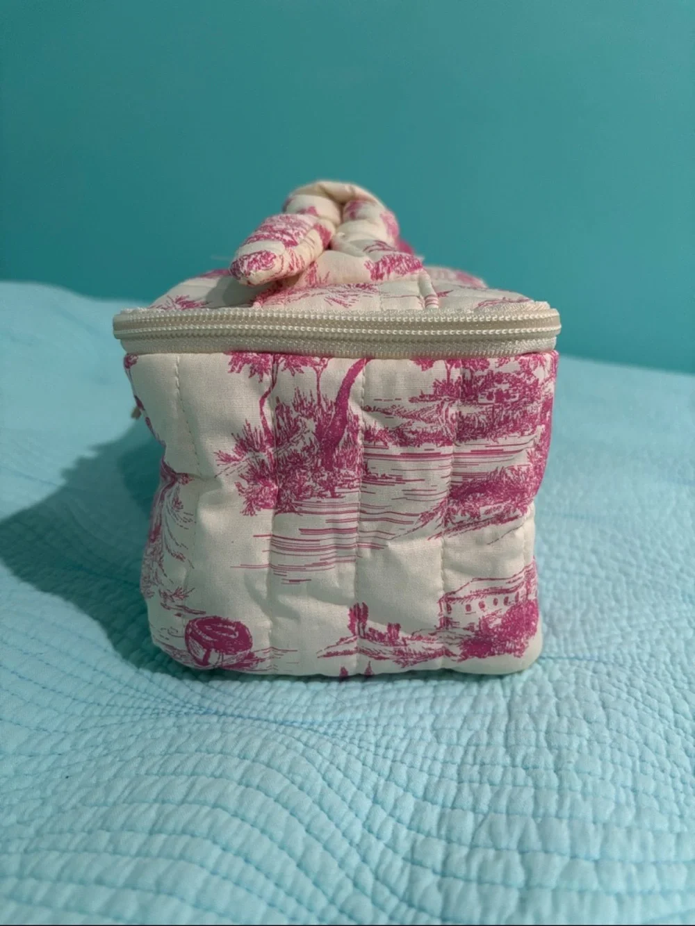 Pink Toile Quilted Cosmetic Travel Case
